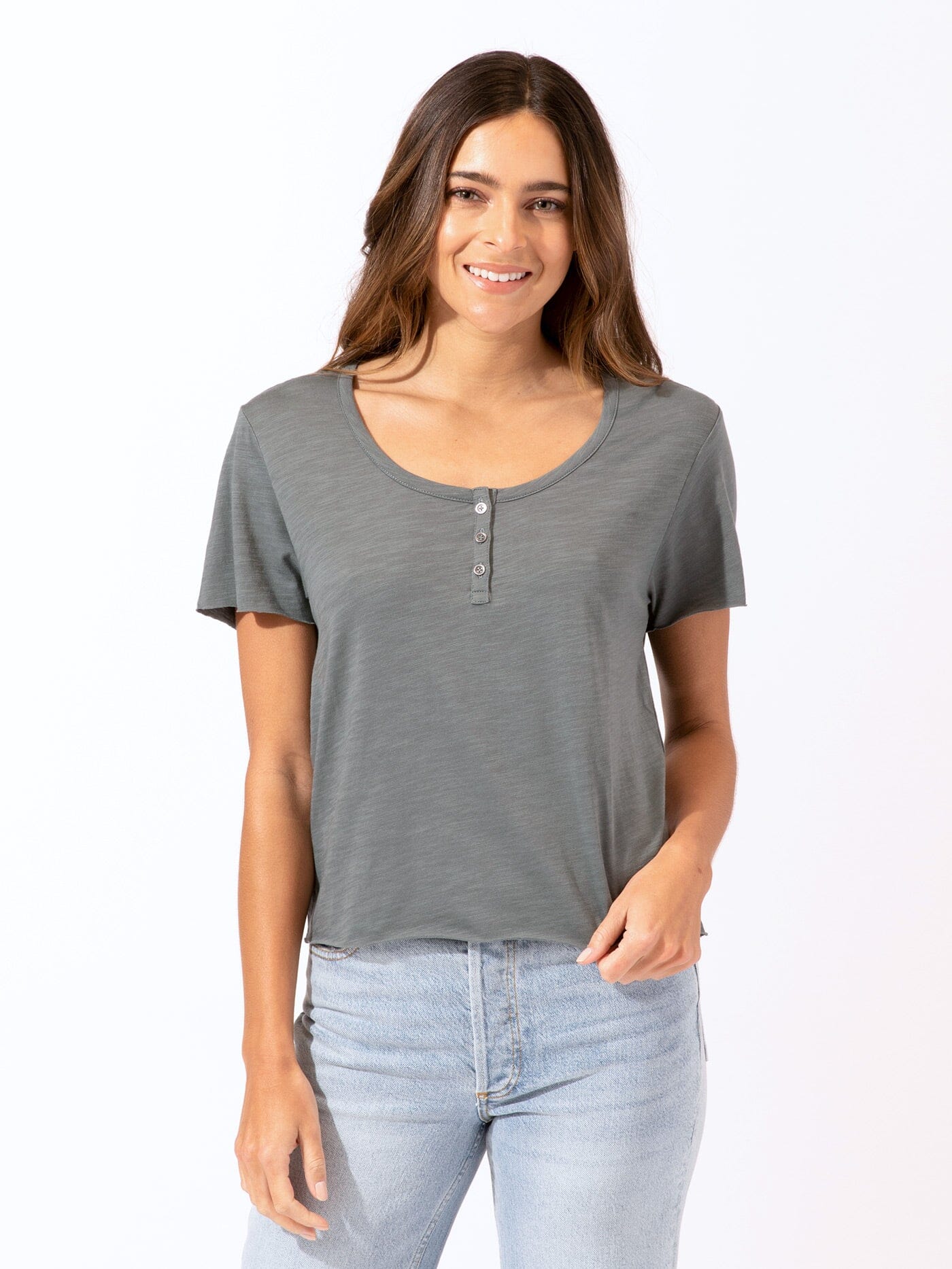 Whitlea Raw Edge Baby Henley Womens Tops Short Threads 4 Thought 