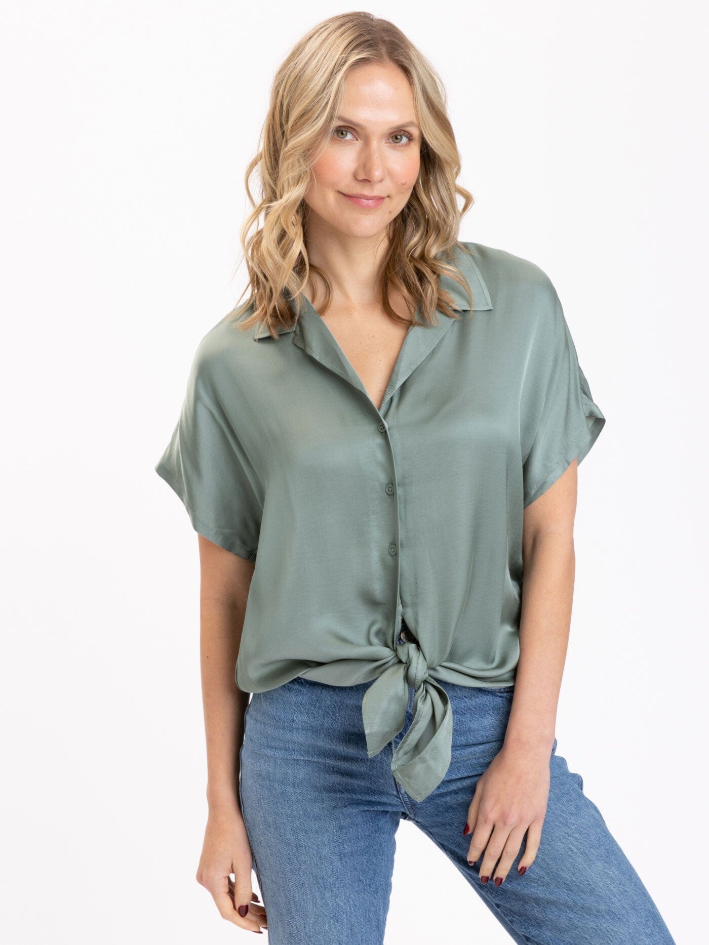 Sheena Sateen Button-Up Womens Tops Short Threads 4 Thought 