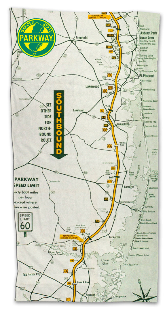 New Jersey Garden State Parkway Retro Map Towel Transit Gifts