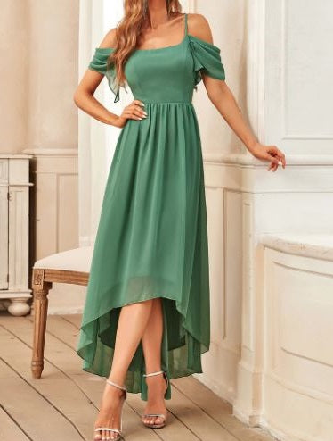 BM2030 Green. High low, off shoulder chiffon. Available to order. $119.00.