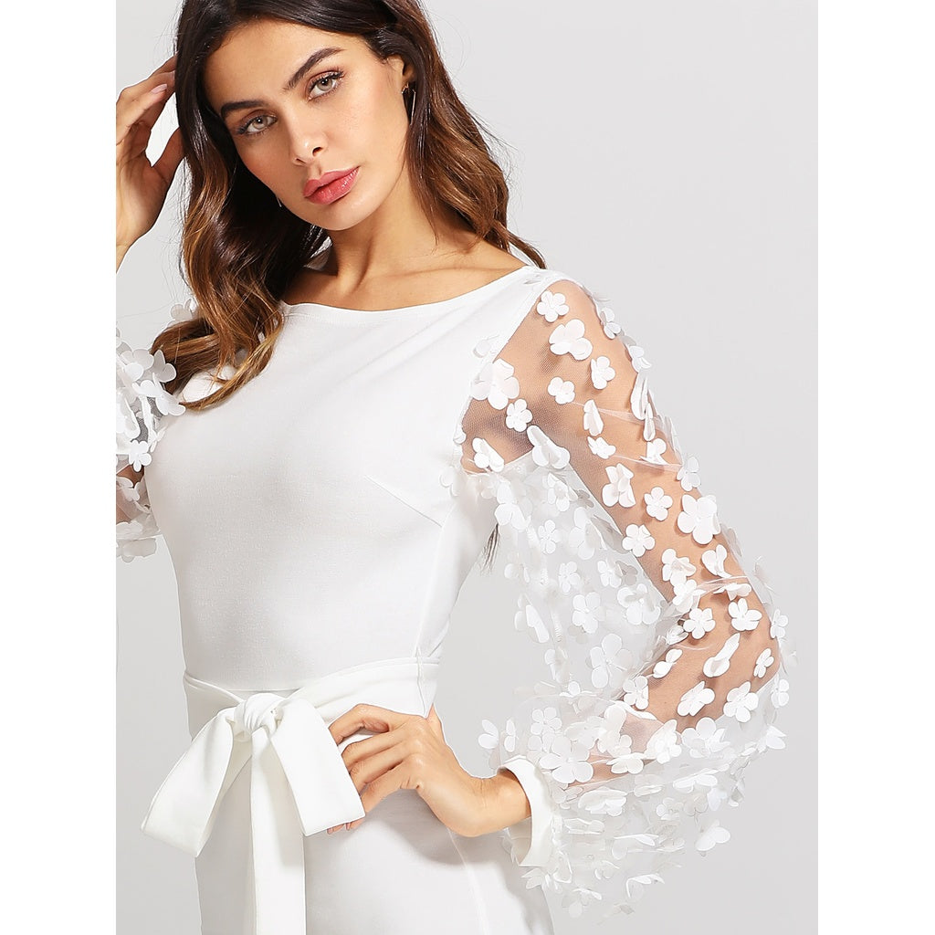 flower applique mesh sleeve form fitting dress