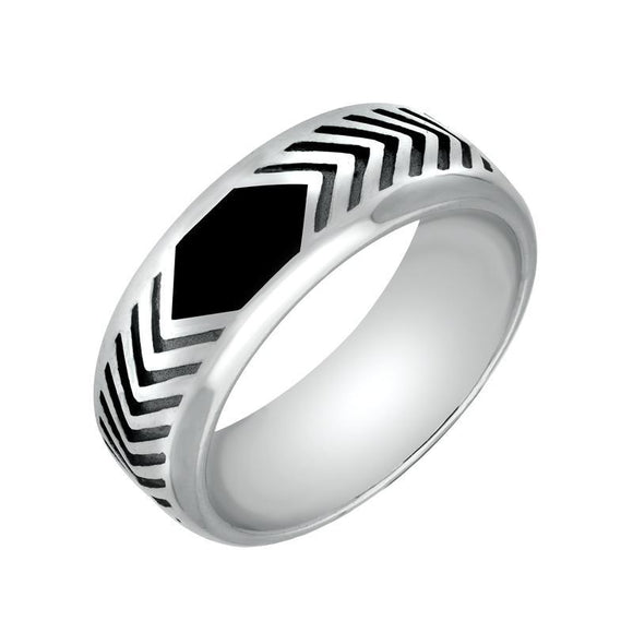  Sterling Silver Whitby Jet Chevron Patterned 8mm Band Ring 