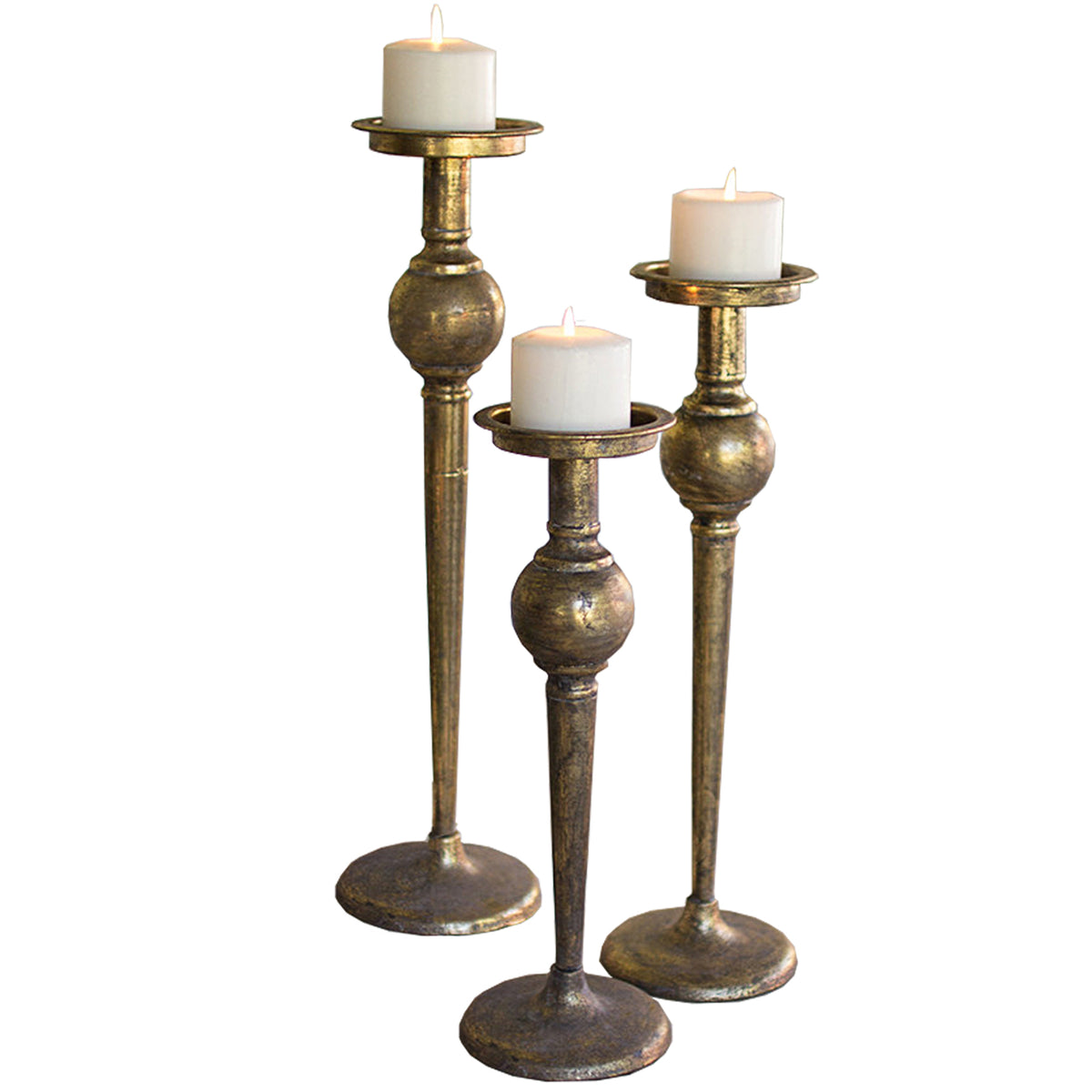 Antique Brass Metal Taper Candle Stands -Set Of 3 - Woodwaves