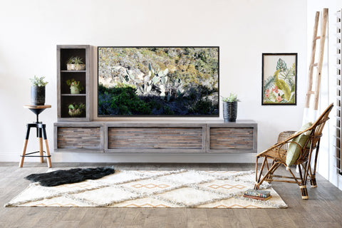 Modern Rustic Gray Floating Cabinet with Botanic Accents