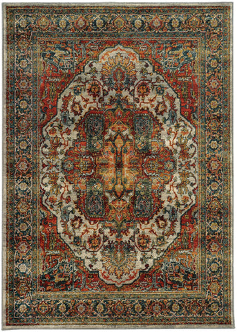 Red Orange and Teal Blue Turkish Style Rug  Inspired by the energetic hues of earth’s natural color palette, the Sedona collection features heavily saturated shades of deep midnight teal, rich saffron gold and bright carnelian red in globally influenced designs. Constructed from a space-dyed polypropylene/nylon blend, the collection is as durable as it is fashion-forward and strikingly beautiful.