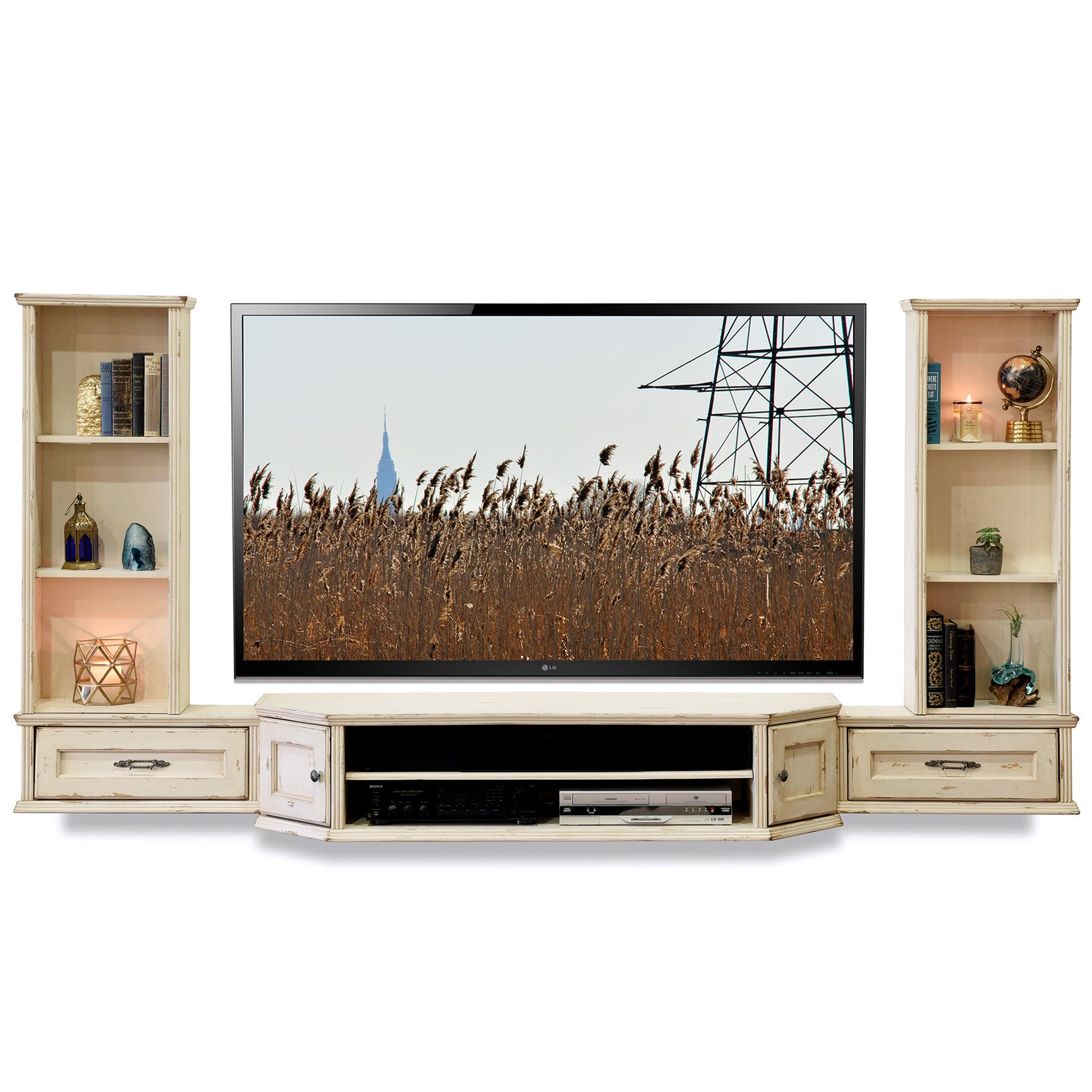 French Cottage Shabby Chic Floating Entertainment Center TV Stand ... - French Cottage Shabby Chic Floating Entertainment Center TV Stand - Vintage  - 3 Piece & Bookcases - Antique White