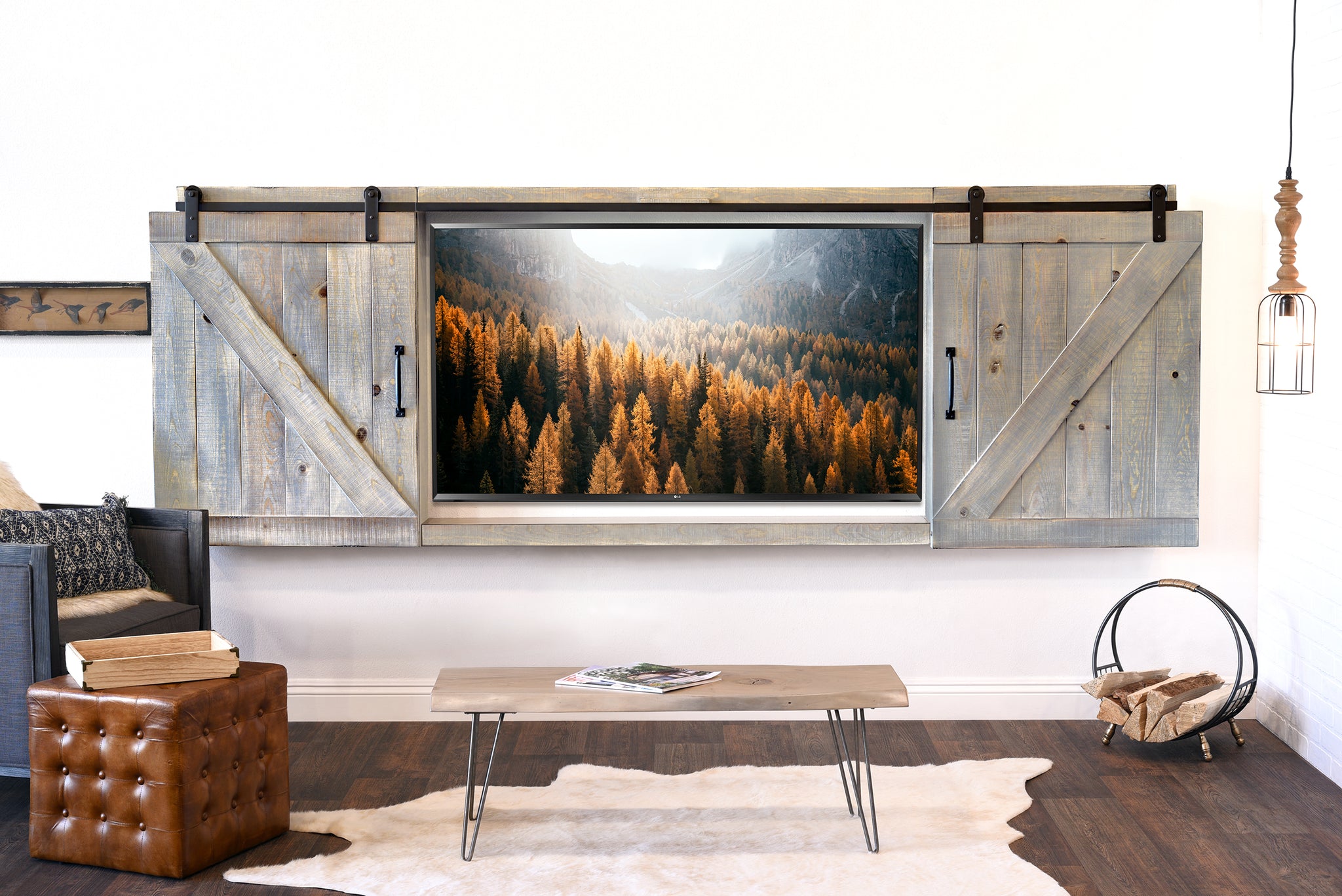 Gray Rustic Wood Wall Mount Barn Door Media Tv Cabinet Cover