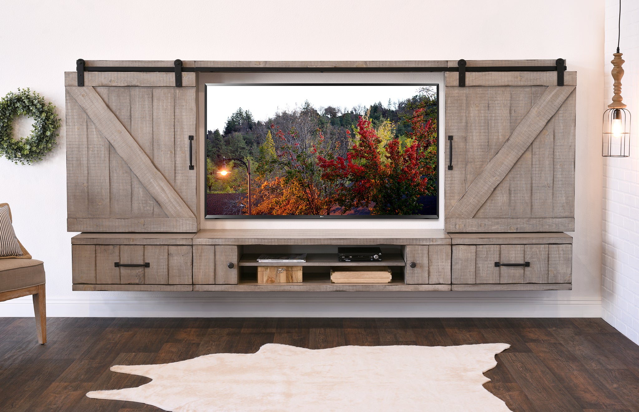 Barn Door Floating TV Stand Entertainment Center Farmhouse