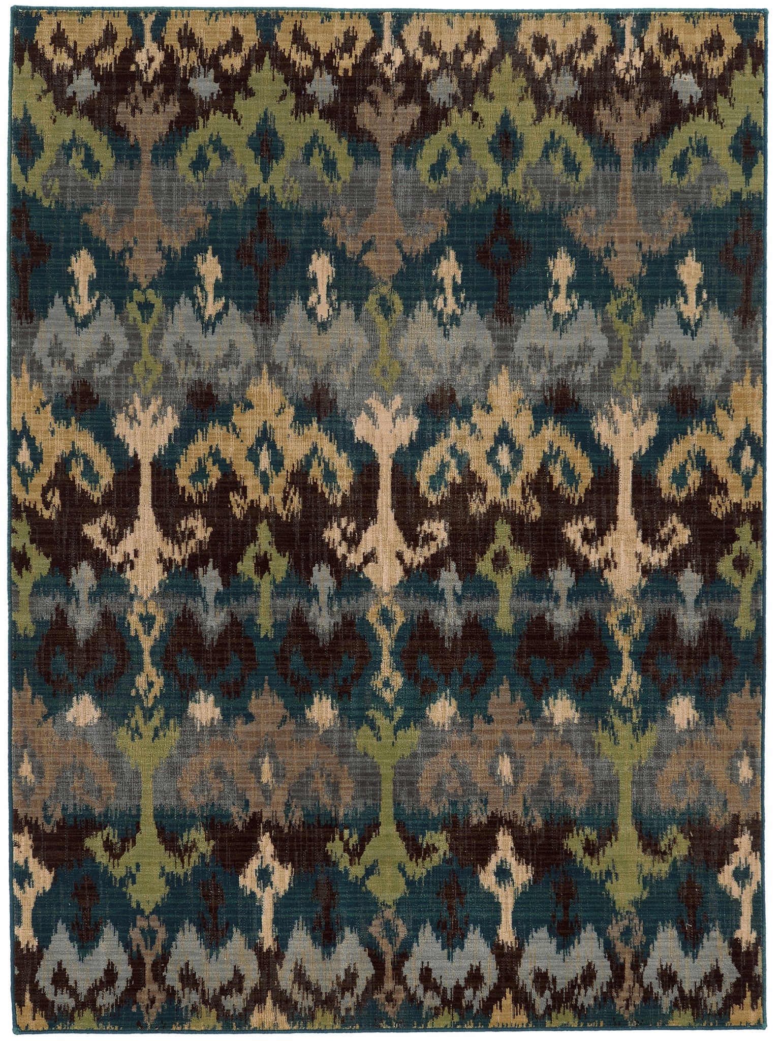 Blue and Green Ikat Pattern Wool Area Rug Woodwaves