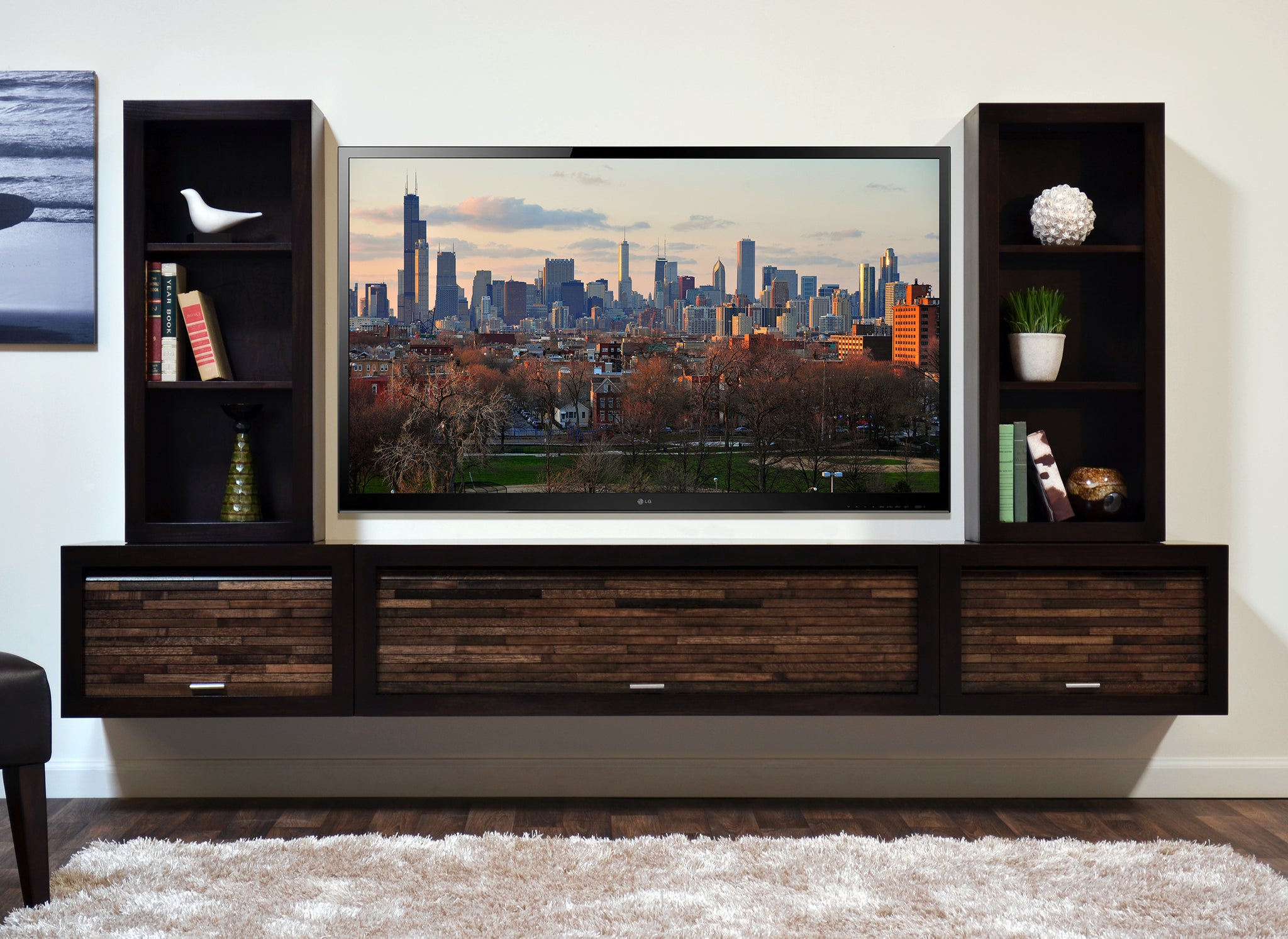 Floating TV Stand Entertainment Center With Bookcases ...