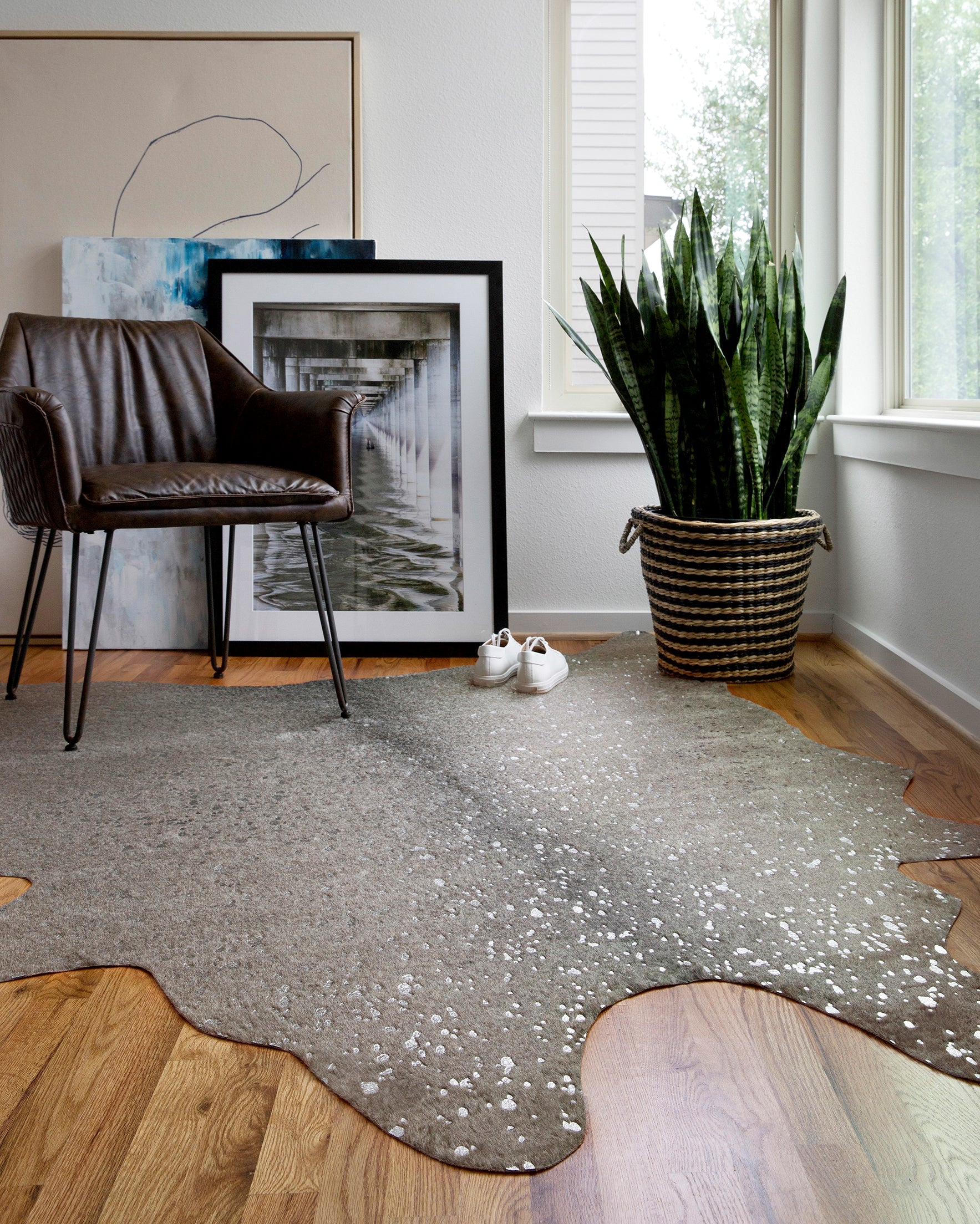 Gray Cowhide Rug With Silver Details Woodwaves