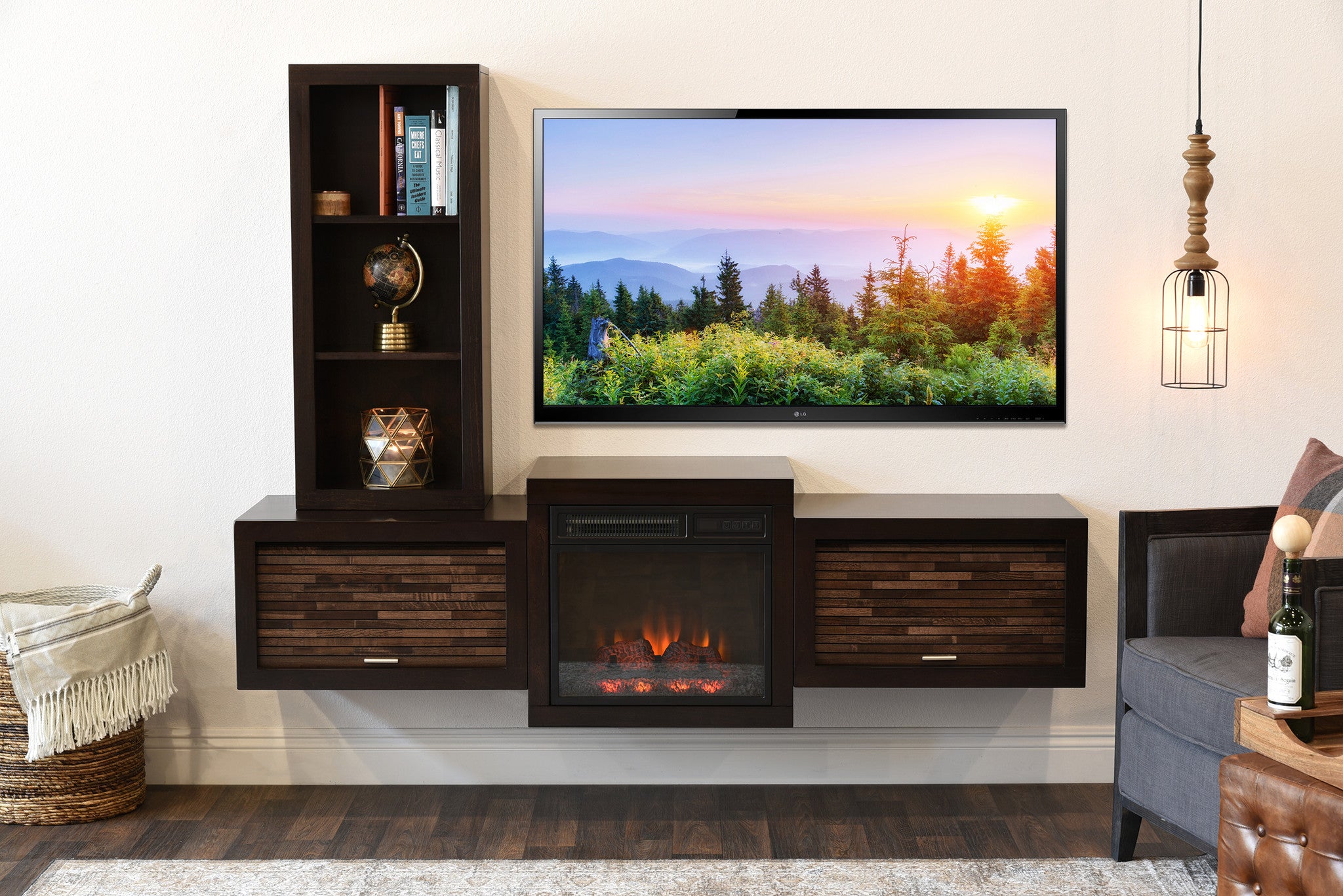 Floating Wall Mount Tv Stand With Fireplace And Bookcase