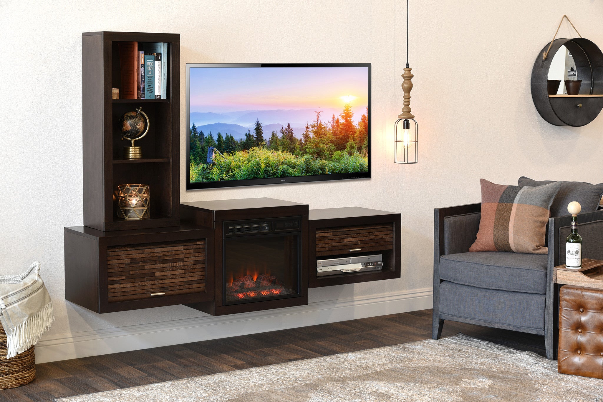 Floating Wall Mount TV Stand With Fireplace and Bookcase ...