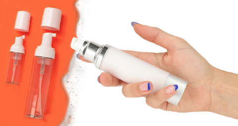 Hand holding Airless Bottle next to Standard Cosmetic Bottles