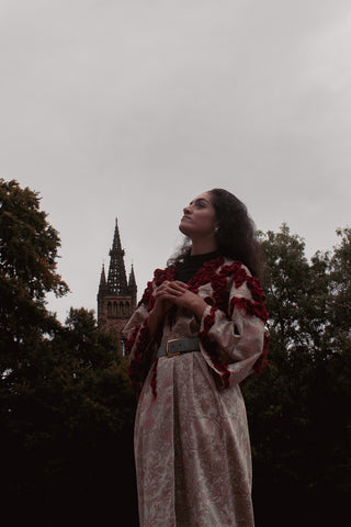 woman wearing repurposed fabric kimono