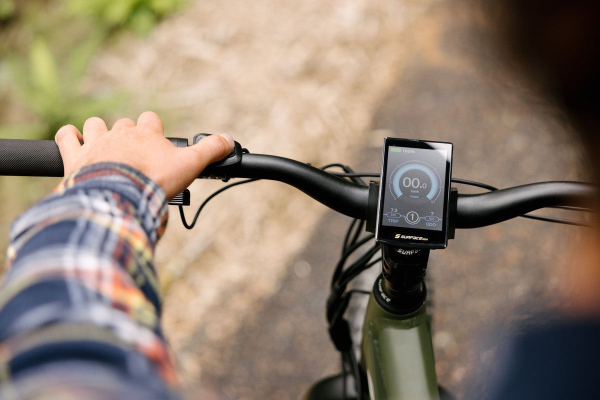 Electronic display on Surface 604 eBike visible on cool weather ride