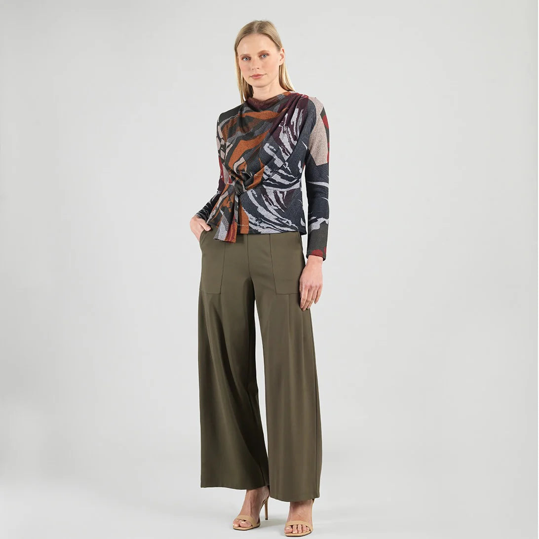 Abstract Harvest Drape Neck Loop Front Sweater