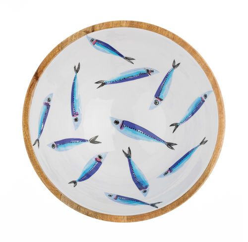 Blue and White Three Fishes Mackerel Design Wooden Large 30cm Bowl by – The  Useful Shop