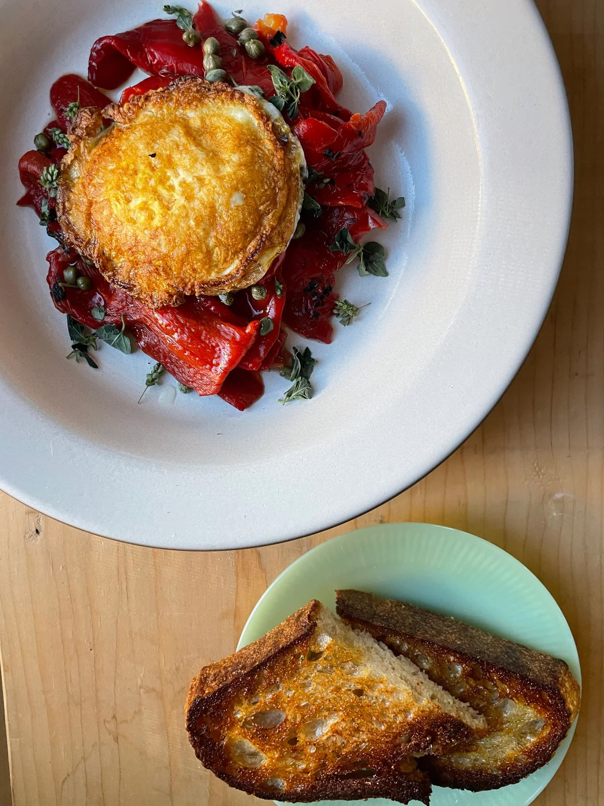 Marjory Bear’s Roasted Sweet Peppers with a Crispy 'Egg Spoon' Egg & Toast