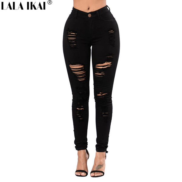 LALA IKAI Black Ripped Jeans For Women 