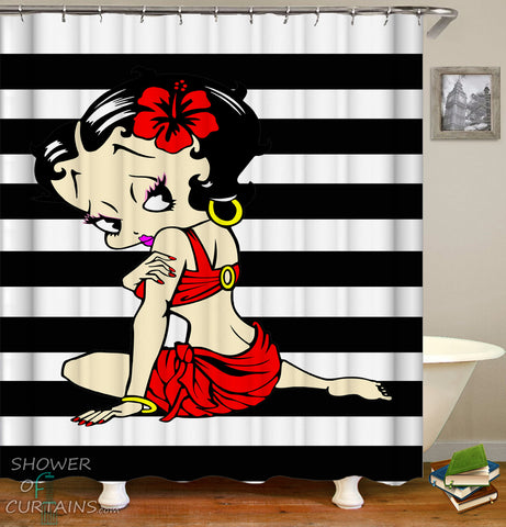 Betty Boop Shower Curtain of Sexy Betty Boop Over Black And White Stripes
