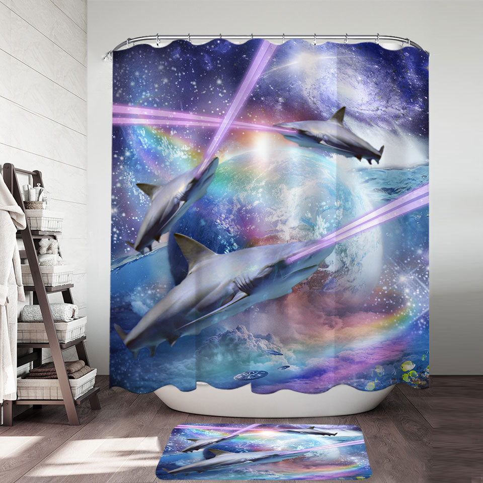 Cool Crazy Space Laser Sharks Shower Curtain Is Just One Of Many Shower Curtains You Can Find In