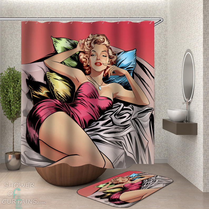 Bubble Gum Girl Telephonist Pop Art Shower Curtain Set Bathroom Decor w/  Hooks