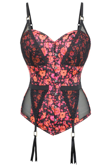 Floral Satin and Fishnet Overbust Corset