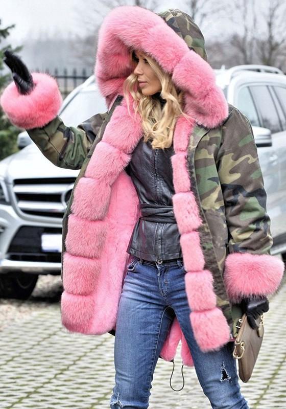 army coat with pink fur hood