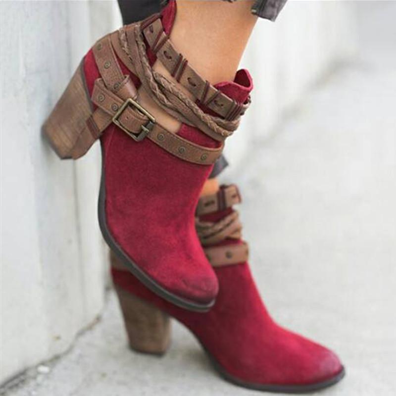 red mid heel ankle boots