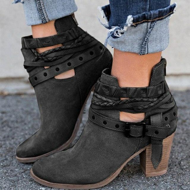 womens black ankle boots mid heel