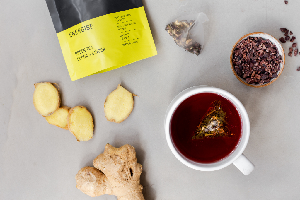 Mission's Energise tea, alongside packet and ingredients