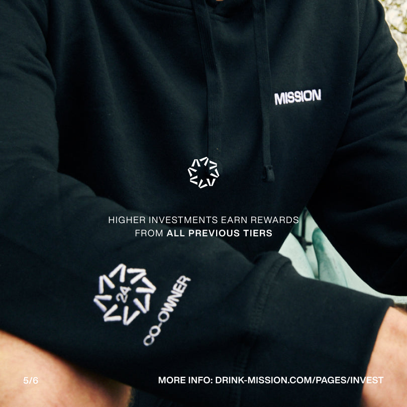 Person wearing a black hoodie with the word 'MISSION' and co-owner logo, accompanied by investment-related text.