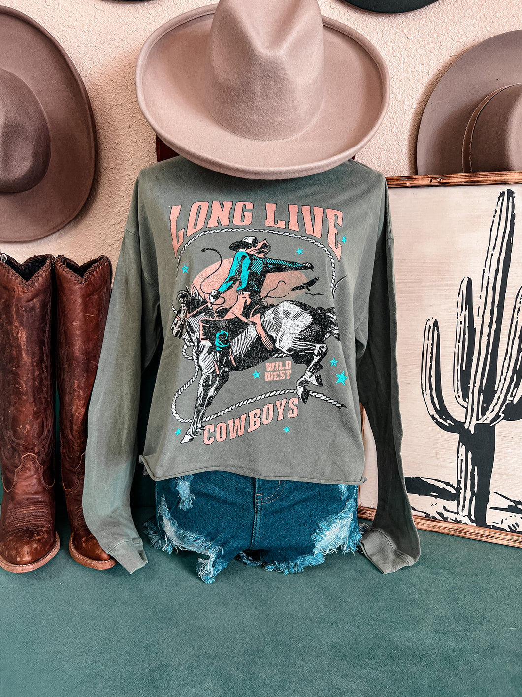 Long Live Cowboys Long Sleeve Crop Tee (Olive)
