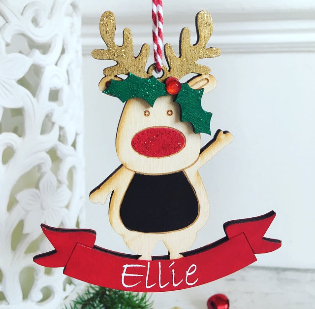 Personalised Red Reindeer Christmas Tree Decoration - Sweet Pea Wooden ...