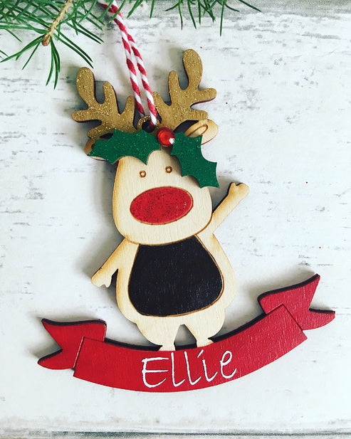 Personalised Red Reindeer Christmas Tree Decoration - Sweet Pea Wooden ...