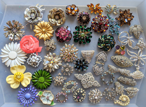 Vintage costume jewelry, vintage enamel flower brooch, antique rhinestone pins, brooch bouquet
