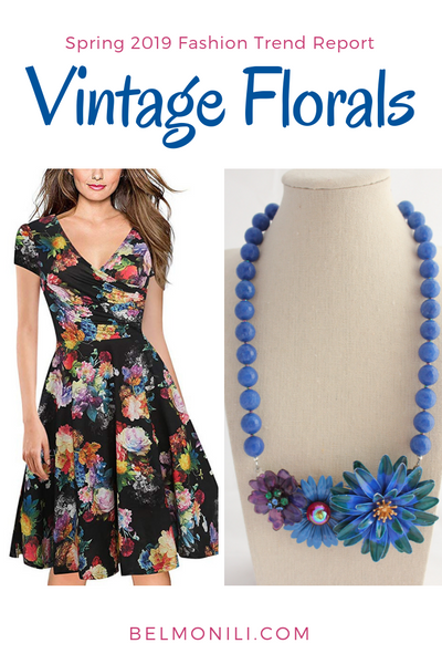 vintage florals, statemenet necklace, dress with pockets