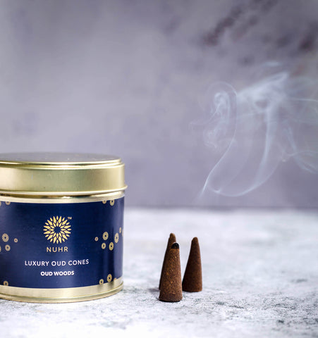 Oud Cone tin with 3 cones smoking to side