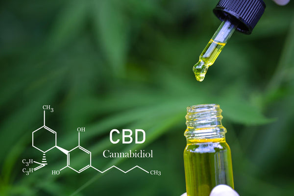 CBD chemical formula with a pipette with CBD oil on blurred green background