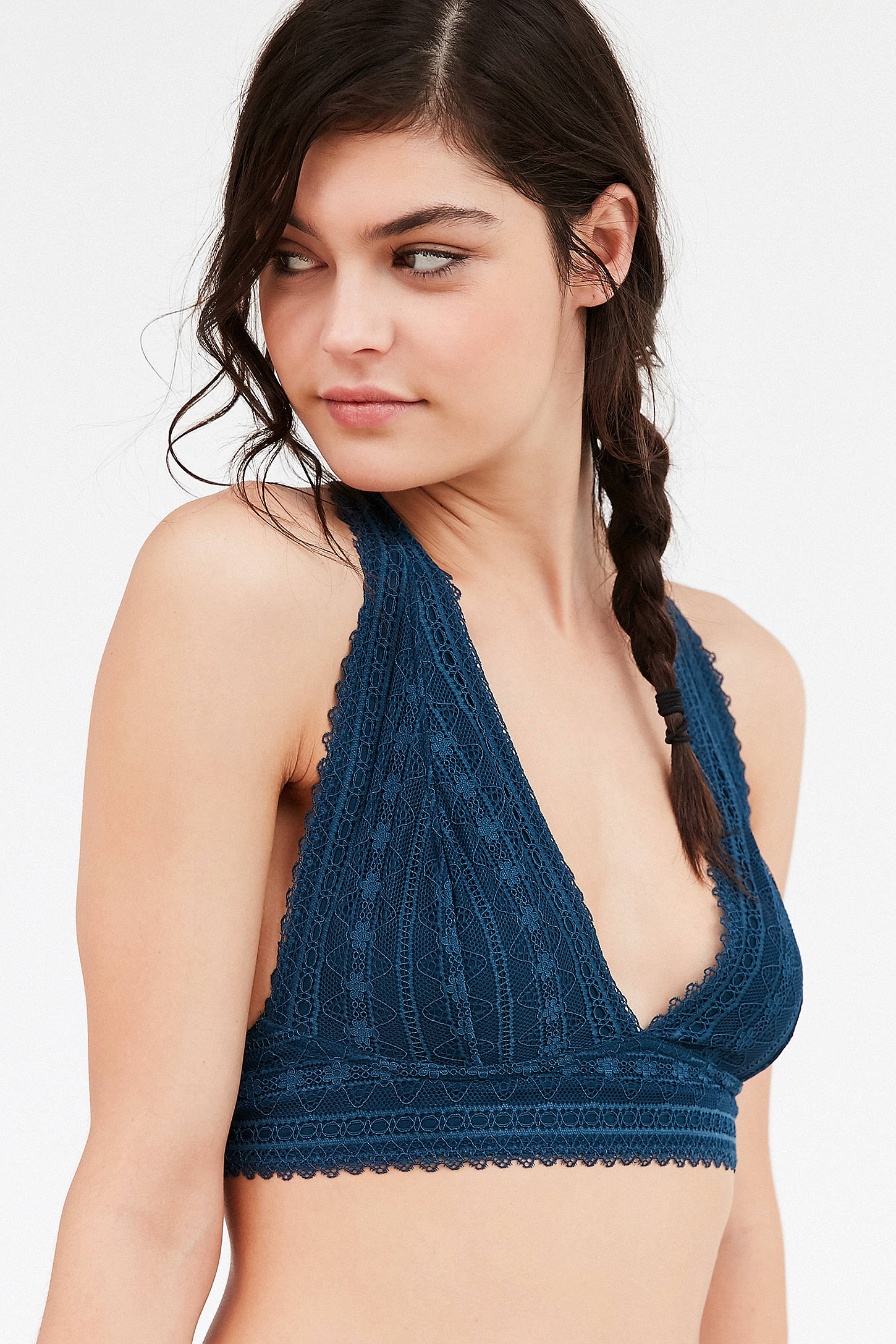 Strappy Back Halter Bralette Plunging Neck Scallop Overlay Bra Made To Be  Seen