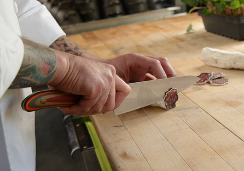 Chef Nic Jones of Napa Valley's Goose & Gander slices some salami with his Chef's knife.