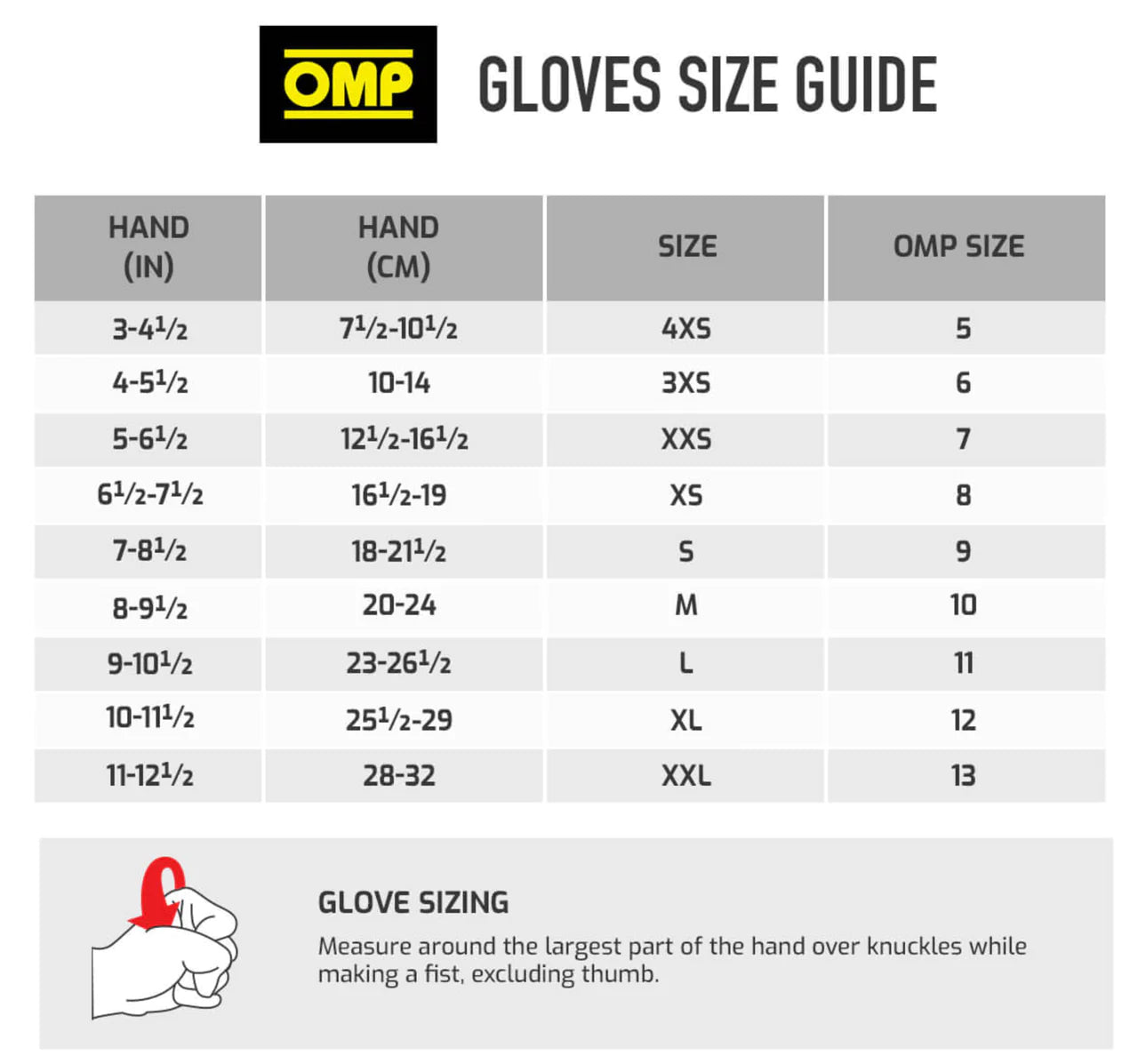 OMP racing gloves sizing chart