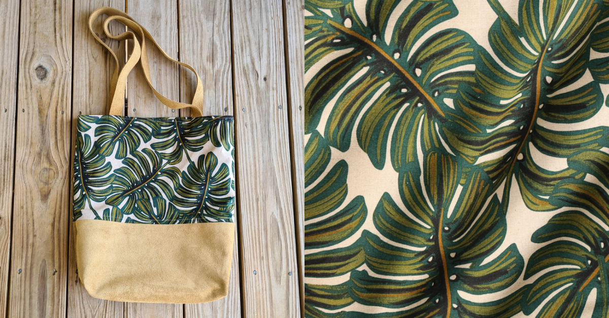 A photo collage including the finished monstera tote bag next to a shot of the monstera canvas fabric used for this project.