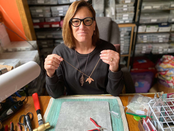 Marcia showing you the finished fall leaf copper necklace. This is part of the fall leaf collection at creativejewelrybymarcia.com