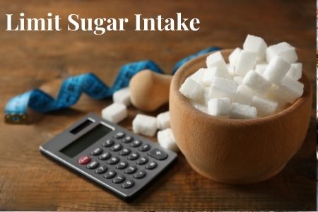 Limit Sugar Intake - Calculator, tape measurer, sugar bowl 