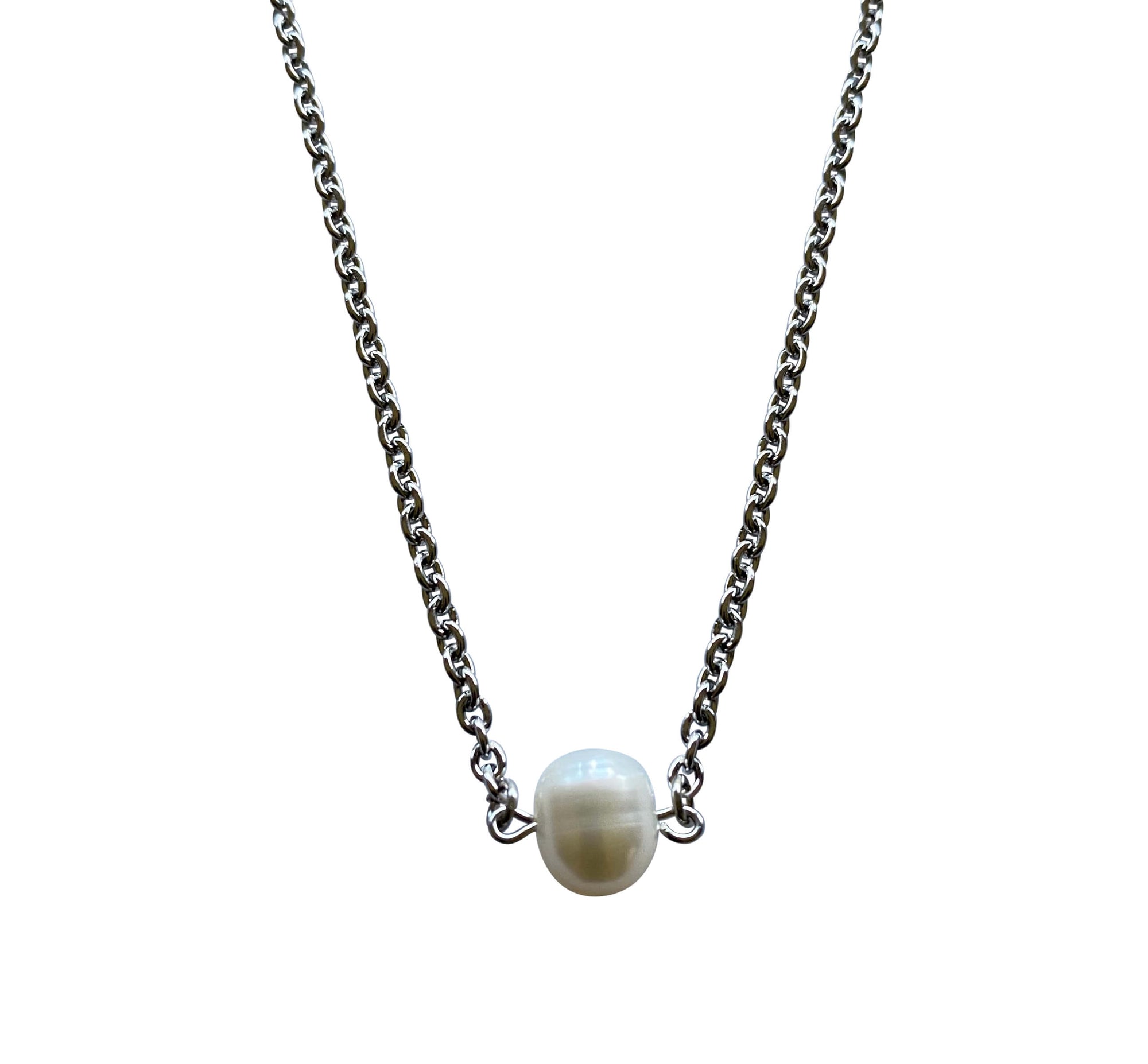 Single Round Freshwater Pearl Necklace with Stainless Steel Silver Chain-Necklaces- Creative Jewelry by Marcia