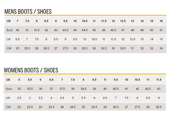 caterpillar boots size chart