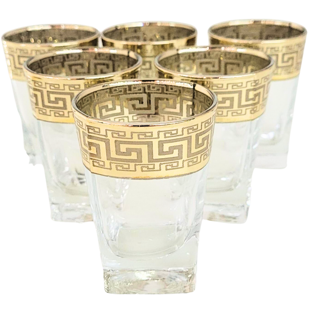 6 (8.5 oz) Cup Set Glass Gold Greek Key Pattern Cups – Natality Kitchen and  Gifts