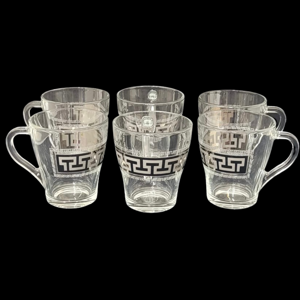 6 (8.5 oz) Cup Set Glass Gold Greek Key Pattern Cups